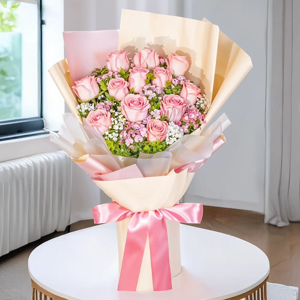 Elegant Pink Rose Dream Bouquet –Roses & Baby’s Breath