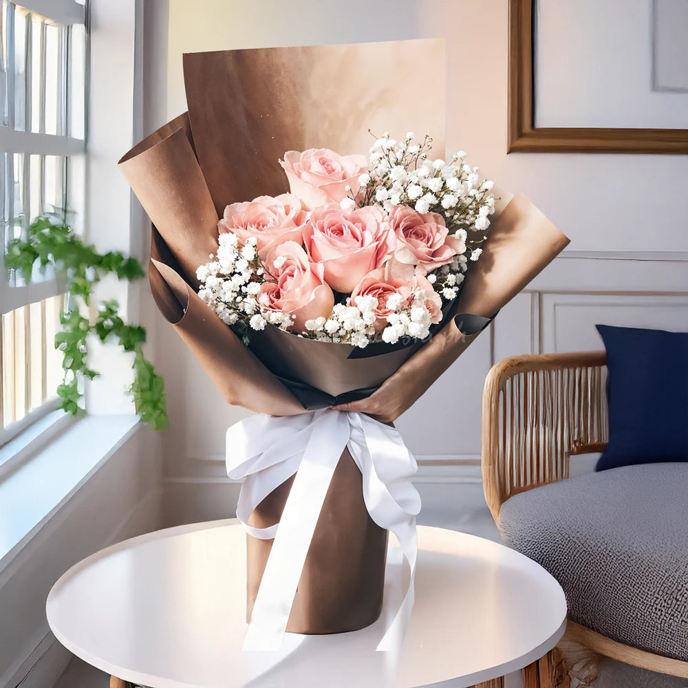 Peach Rose Serenity Bouquet –Peach Roses with Baby’s Breath