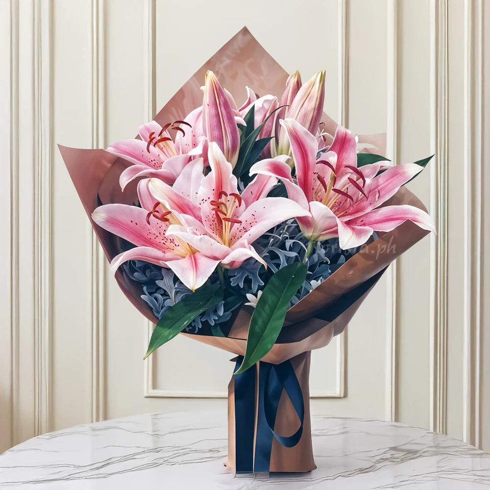 Elegant Pink Lily Bouquet – 4 Fresh Pink Lilies with Lush Green Fillers & Premium Brown Wrapping | Perfect for Birthdays, Anniversaries & Special Occasions
