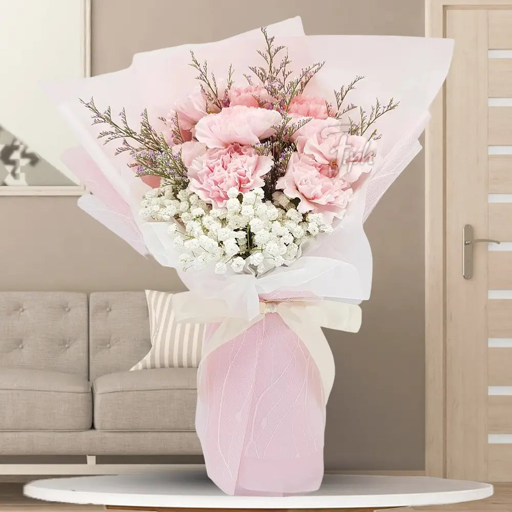 Elegant Pink Carnation & Baby’s Breath Bouquet – Premium Fresh Floral Arrangement