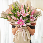 Elegant Pink Lily Bouquet –Fresh Pink Lilies with Green Fillers & Premium Wrapping