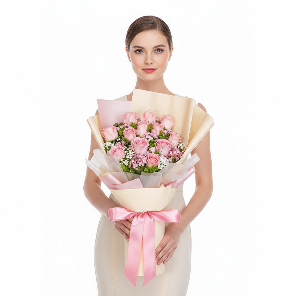 Elegant Pink Rose Dream Bouquet –Roses & Baby’s Breath