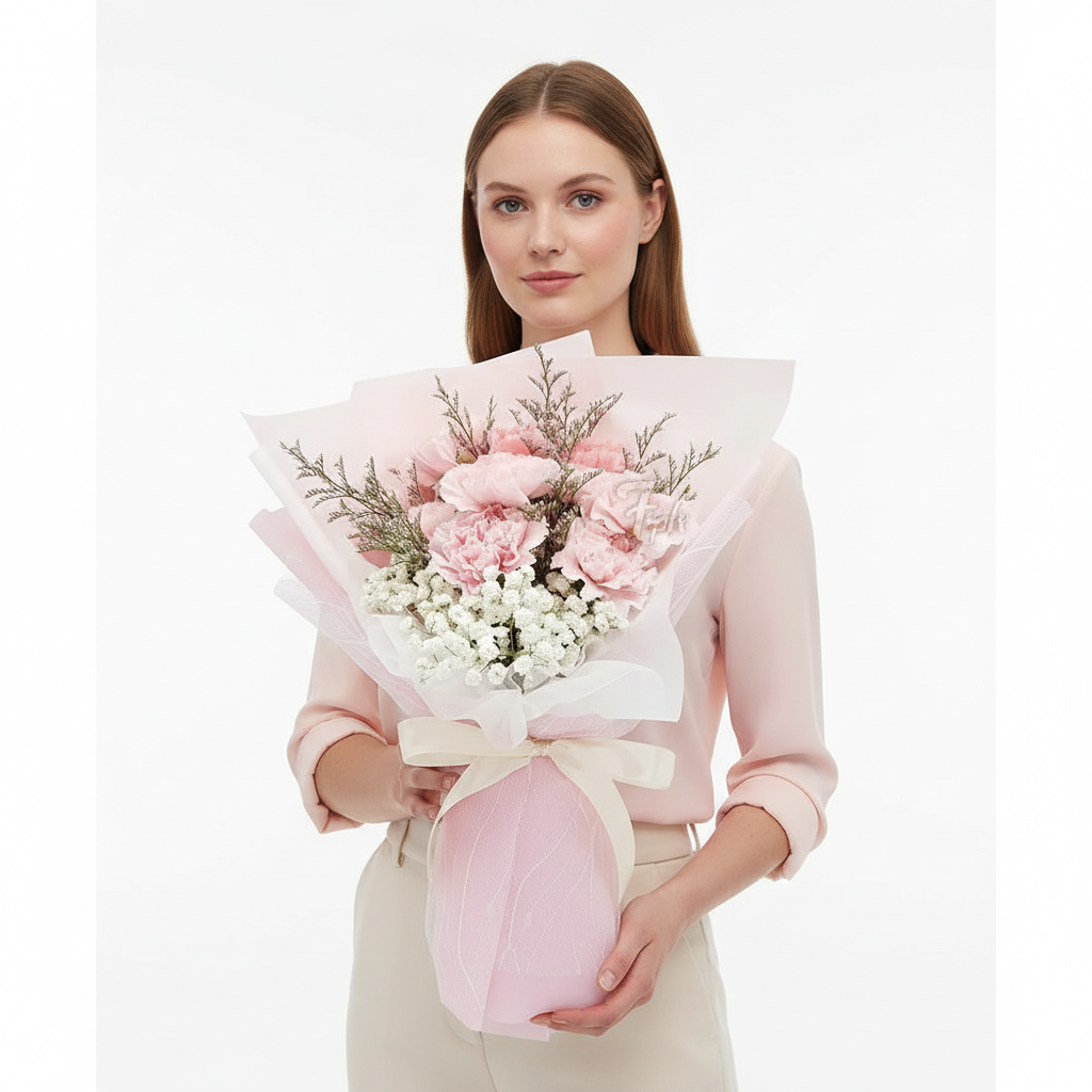 Elegant Pink Carnation & Baby’s Breath Bouquet – Premium Fresh Floral Arrangement